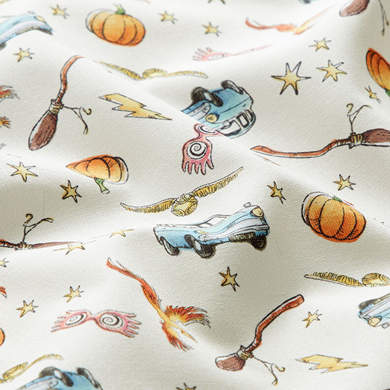 Bomuldspoplin Licensstof Harry Potter Snitch, Fawkes og Firebolt | Warner Bros. – uldhvid,  image number 2