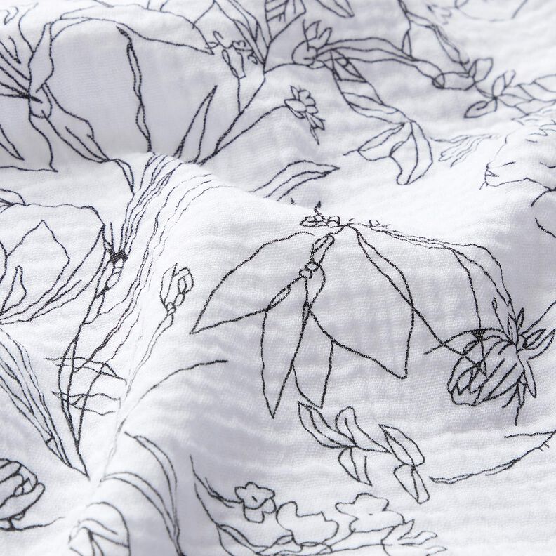 Musselin/Dobbelt-Crincle stof Malet blomstereng – hvid/sort,  image number 2