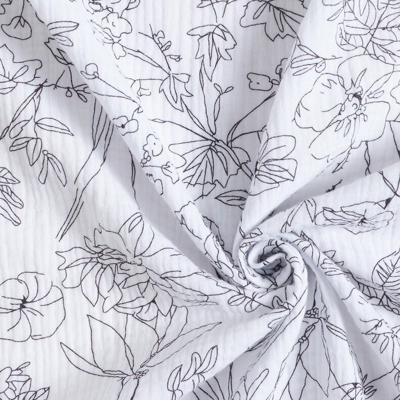 Musselin/Dobbelt-Crincle stof Malet blomstereng – hvid/sort,  image number 3