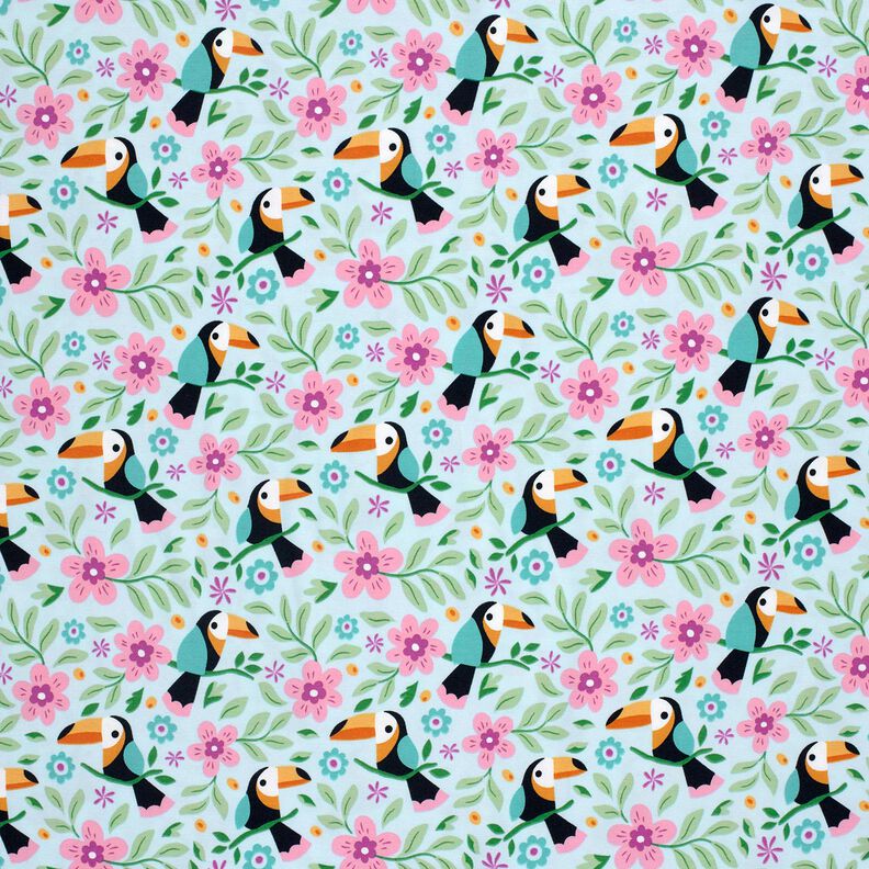 Bomuldsjersey tukaner i blomsterjunglen – babyblue/orange,  image number 1