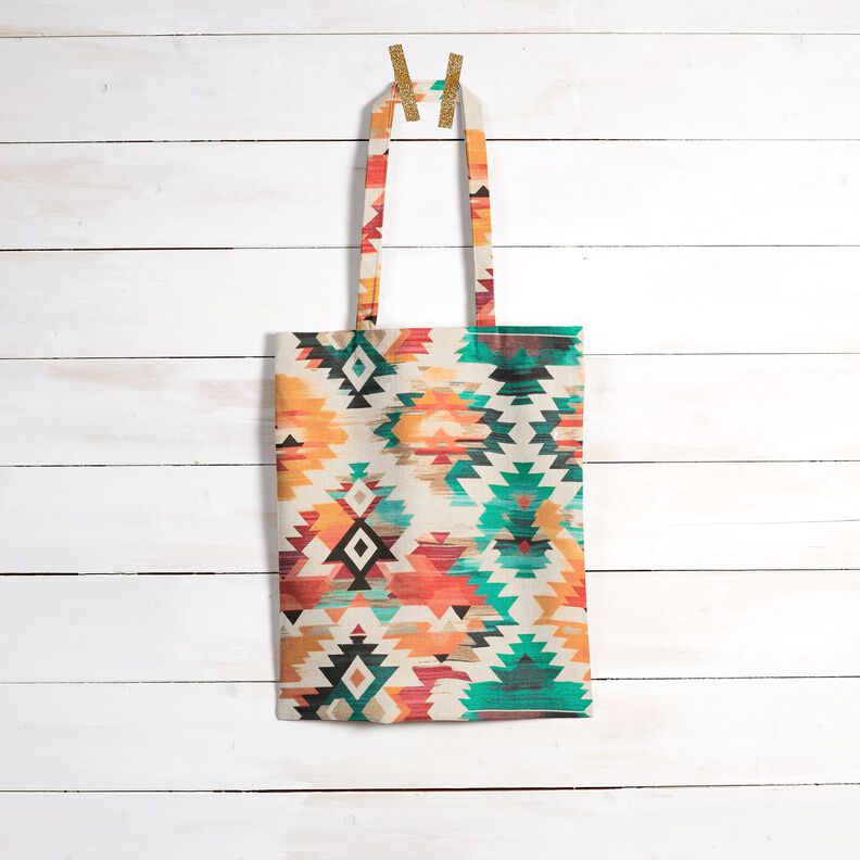 Dekorationsstof Halvpanama abstrakt etnisk tryk – lysebeige/smaragdgrøn,  image number 7