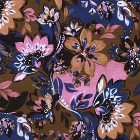 French Terry Sommersweat malede blomster Digitaltryk – indigo/kastaniebrun, 