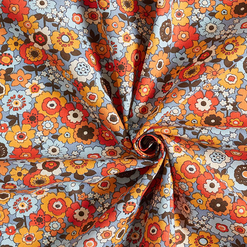 Bomuldsstof Cretonne farverige blomster – lys jeans-blå/orange,  image number 3