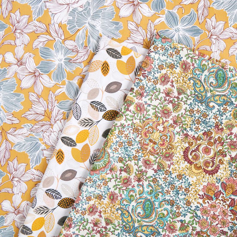 Bomuldsstof Cretonne store blomster – sennep/grå,  image number 5