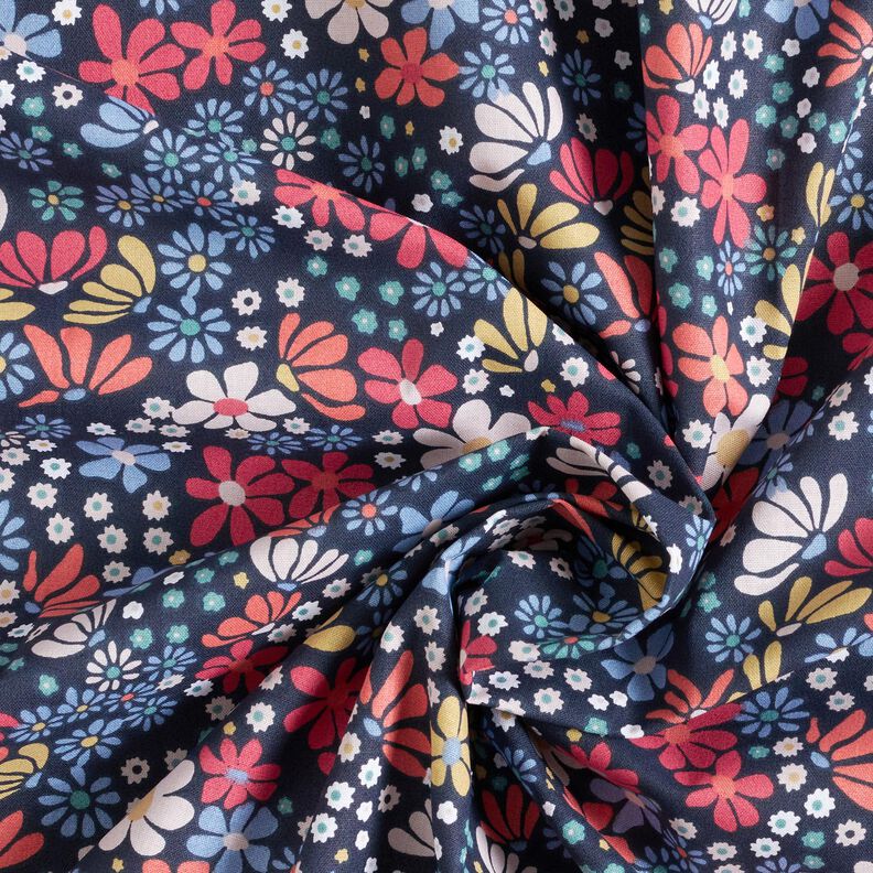 Bomuldsstof Cretonne blandede blomster – natblå,  image number 3