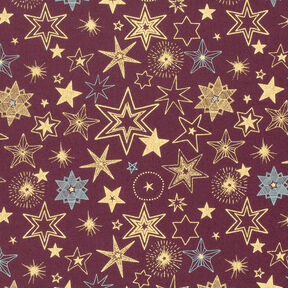 Bomuldsstof Poplin store stjerner – merlot/guld, 