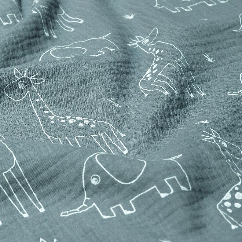 Musselin/Dobbelt-Crincle stof store giraffer og elefanter – dueblå,  image number 2