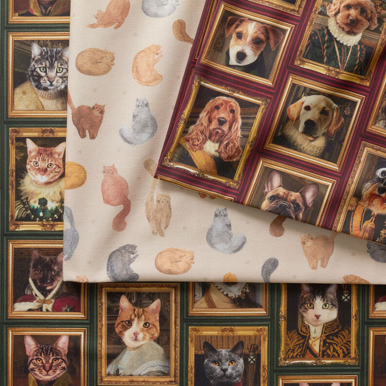 Dekorationsstof Halvpanama hundeportr&aelig;tter &ndash; karminr&oslash;d/guld,  image number 6