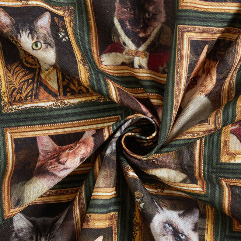 Dekorationsstof Halvpanama katteportr&aelig;tter &ndash; m&oslash;rkegr&oslash;n/guld,  image number 3