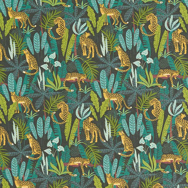 Dekorationsstof Bomuldspoplin Leoparder i junglen – grøn/gul,  image number 1