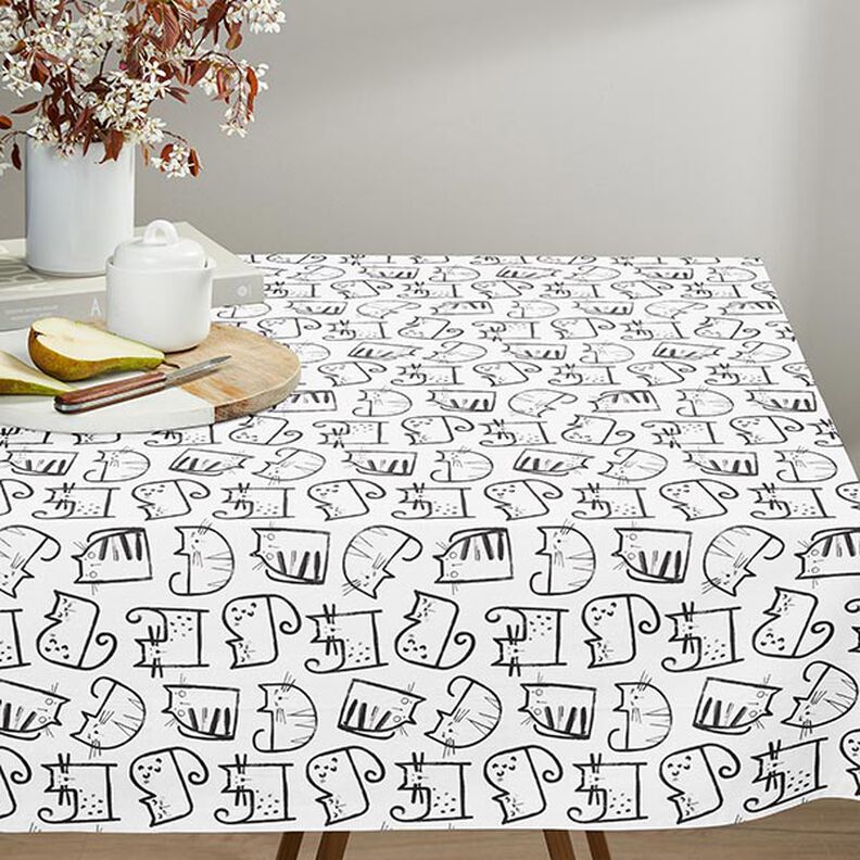 Bomuldsstof Cretonne kattetegninger – sort/elfenben,  image number 7