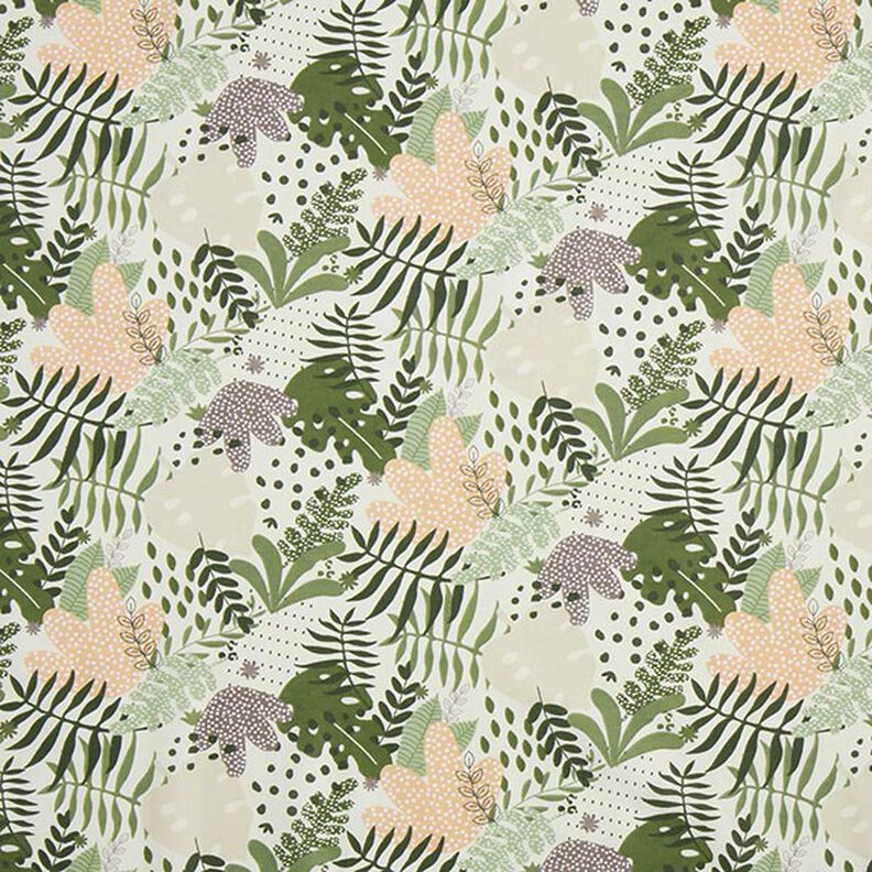 Bomuldsstof Cretonne abstrakte jungleplanter – hvid/grøn,  image number 1