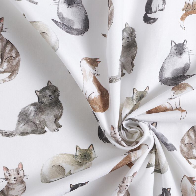 Bomuldspoplin glade katte Digitaltryk | Poppy Fabrics – hvid,  image number 3