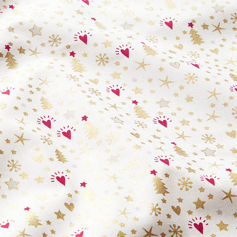 Bomuldsstof Poplin hjerter og stjerner – uldhvid/guld,  image number 2