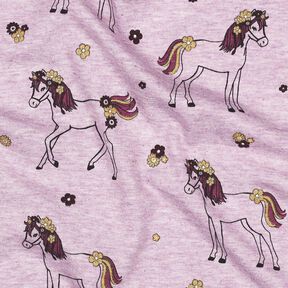 Bomuldsjersey glitter-blomstret hest | Poppy Fabrics – pastelviolet/guld, 