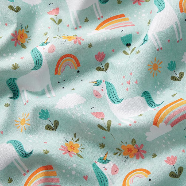 Bomuldspoplin enhjørning i regnbueverdenen Digitaltryk – isblå,  image number 2