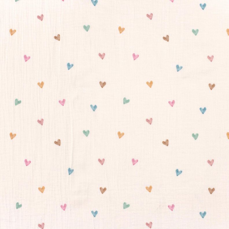 Musselin/Dobbelt-Crincle stof farverige hjerter Digitaltryk – hvid,  image number 1