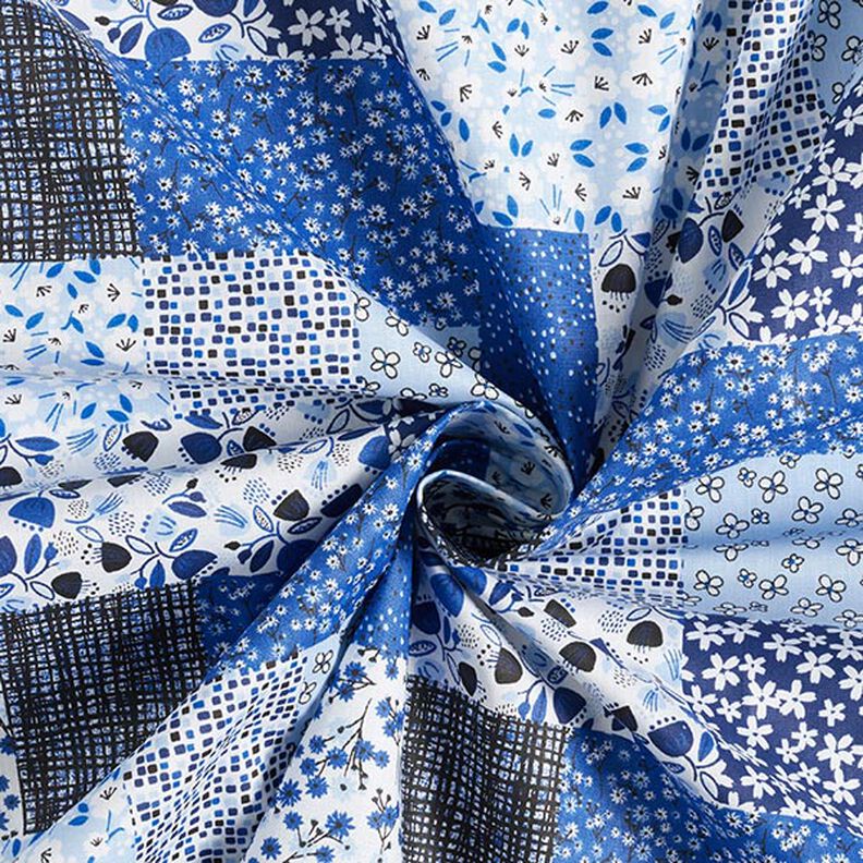 Bomuldsstof Cretonne patchwork-look – hvid/blå,  image number 4