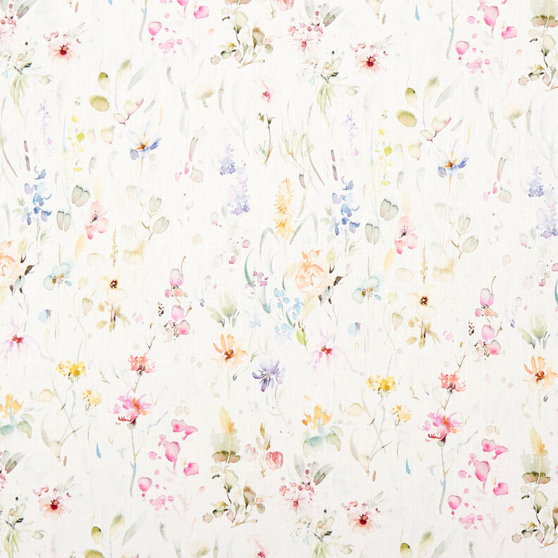 Hør-bomulds-miks akvarel blomster – hvid,  image number 1