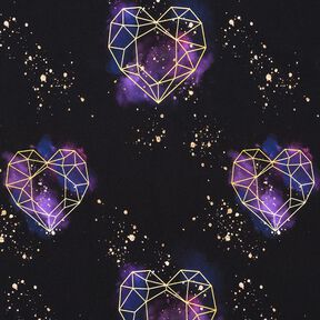 Bomuldsjersey Origamihjerter med guldkrymmel | Glitzerpüppi – sort/lilla, 