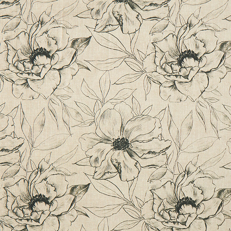 Dekorationsstof Halvpanama tegnede blomster – anemone/sort,  image number 1
