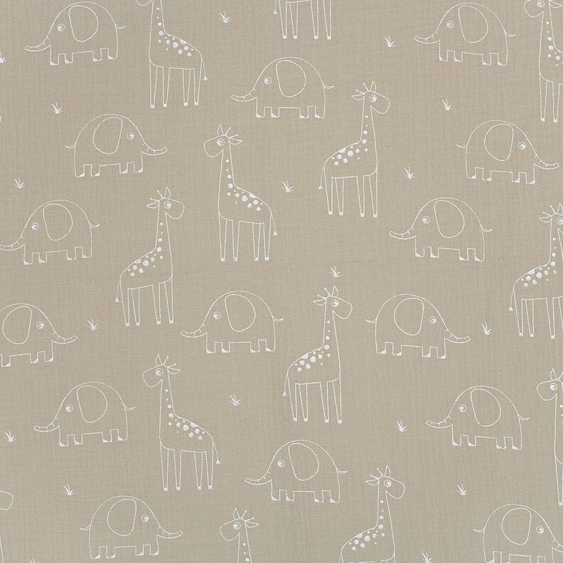 Musselin/Dobbelt-Crincle stof store giraffer og elefanter – silkegrå,  image number 1