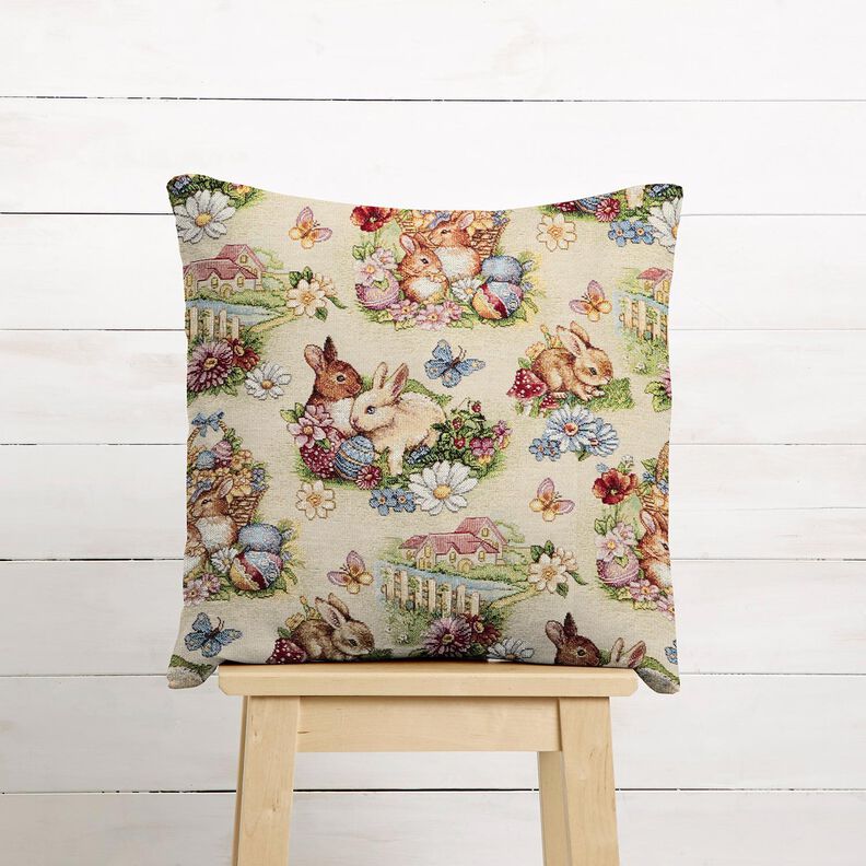 Dekorationsstof Gobelin Påskeharer i haven – lysebeige/bær,  image number 6