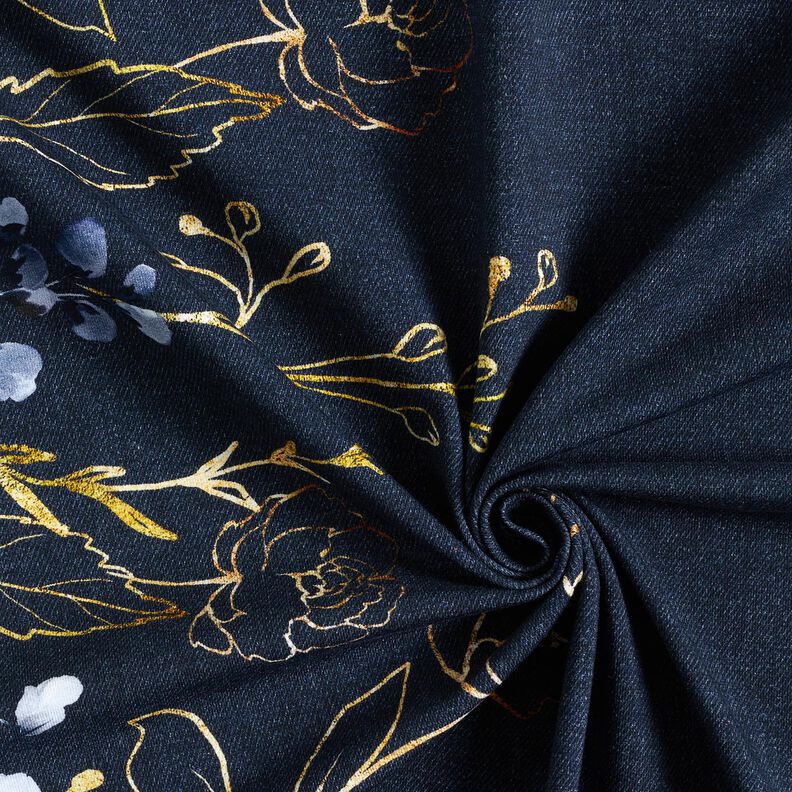 Bomuldsjersey bordurestof blomster i guldglimmer | Glitzerpüppi – natblå/jeansblå,  image number 3