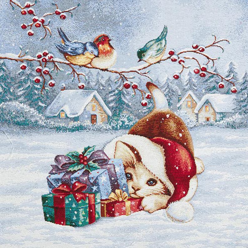 Dekorativt panelstof Gobelin kat med gaver – lyseblå/karminrød,  image number 1