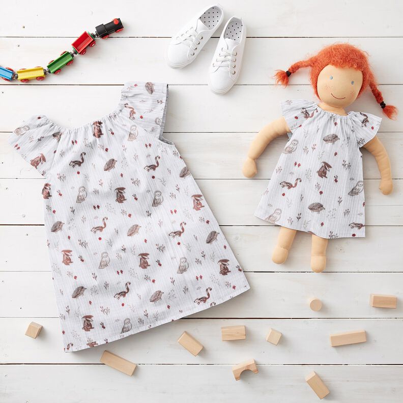 Musselin/Dobbelt-Crincle stof Dyr på skovlysningen – hvid,  image number 5