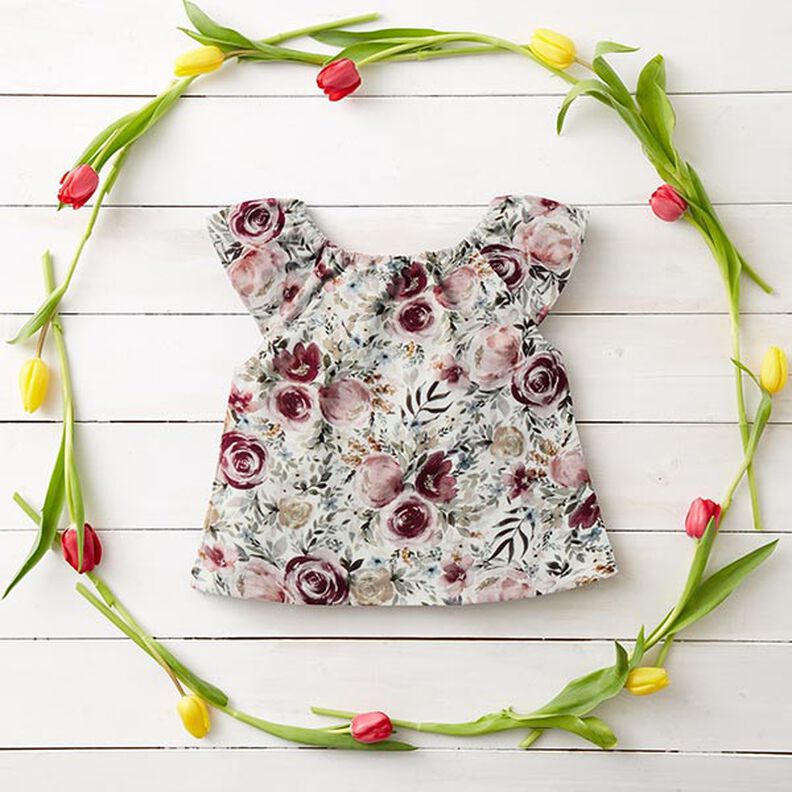 Musselin/Dobbelt-Crincle stof akvarel roser Digitaltryk – hvid,  image number 7