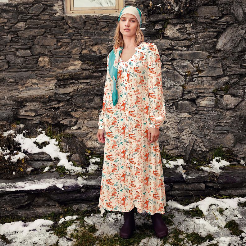 LENZING™ ECOVERO™ viskosestof med fugle og feer | Katia Fabrics – creme/ildrød,  image number 5