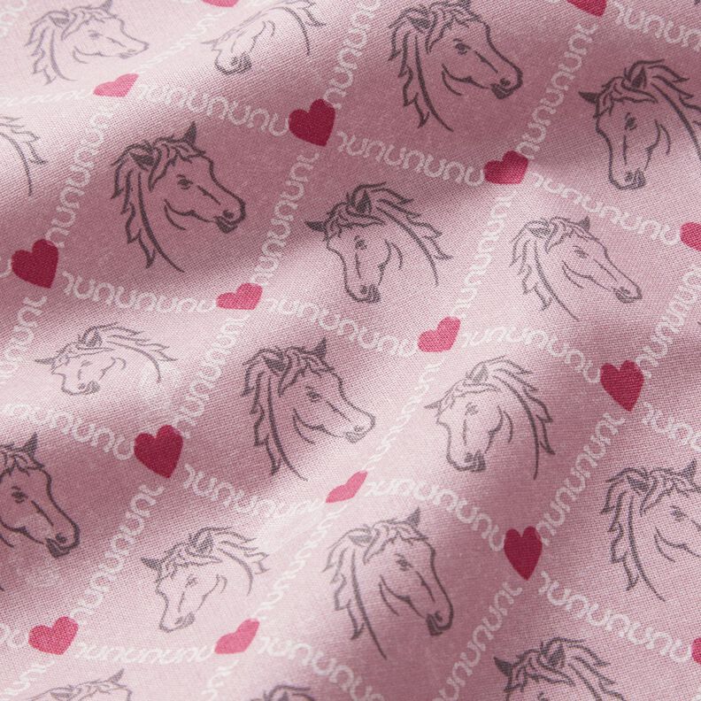 Bomuldsstof Cretonne heste og hjerter pink – rosa,  image number 2