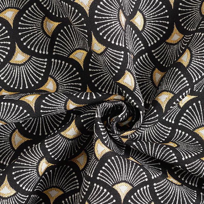 Dekorationsstof Jacquard Små vifter – sort/guld,  image number 4
