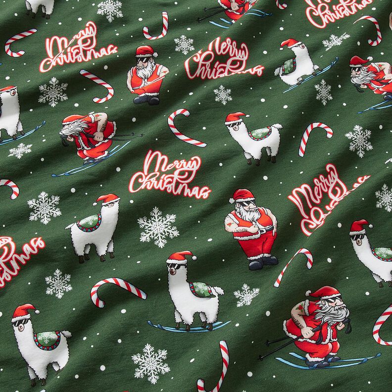 French Terry Sommersweat Julemanden og lama | Glitzerpüppi – mørkegrøn/chili,  image number 2