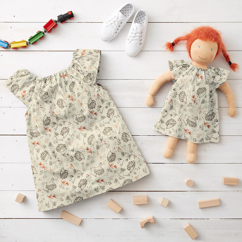 Musselin/Dobbelt-Crincle stof Pindsvin og skovplanter &ndash; uldhvid,  image number 5