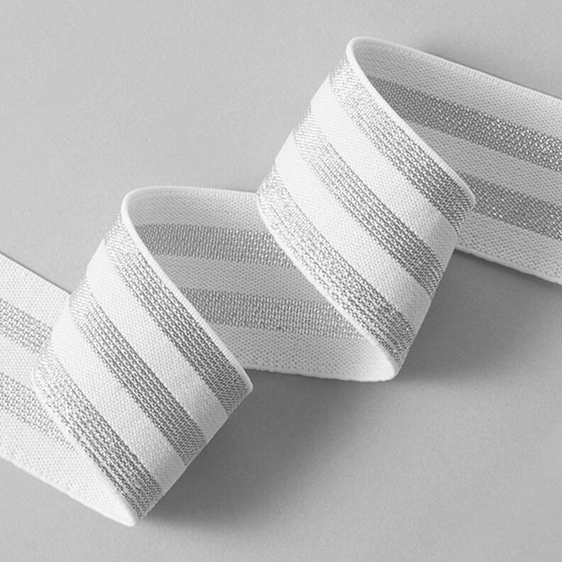 Stribet elastikbånd [40 mm] – hvid/sølv,  image number 2