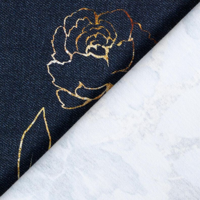 Bomuldsjersey bordurestof blomster i guldglimmer | Glitzerpüppi – natblå/jeansblå,  image number 4