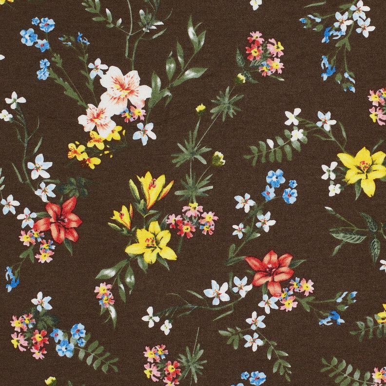 Viskosejersey små blomster – mørkebrun/ildrød | Reststykke 60cm,  image number 5