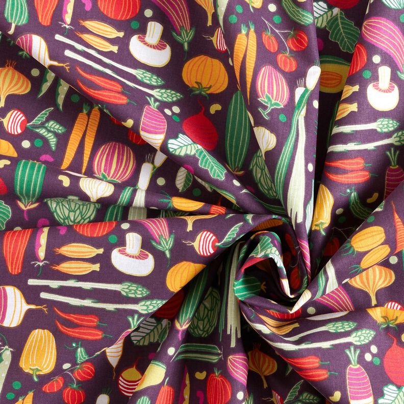 Bomuldsstof Cretonne grøntsagsvarianter – aubergine/grøn,  image number 3
