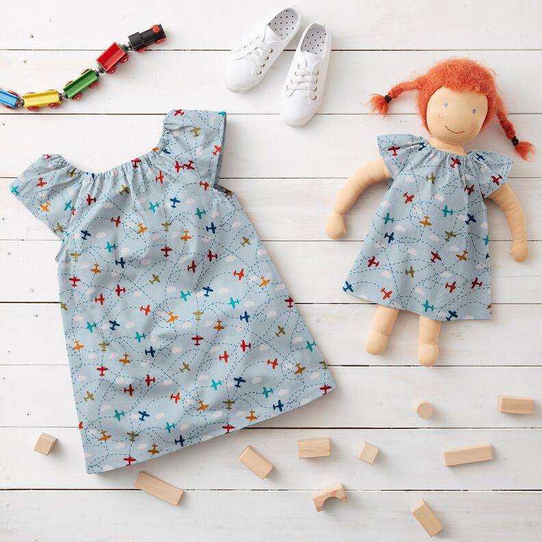 Bomuldspoplin Flyvemaskiner på himlen – lyseblå,  image number 5