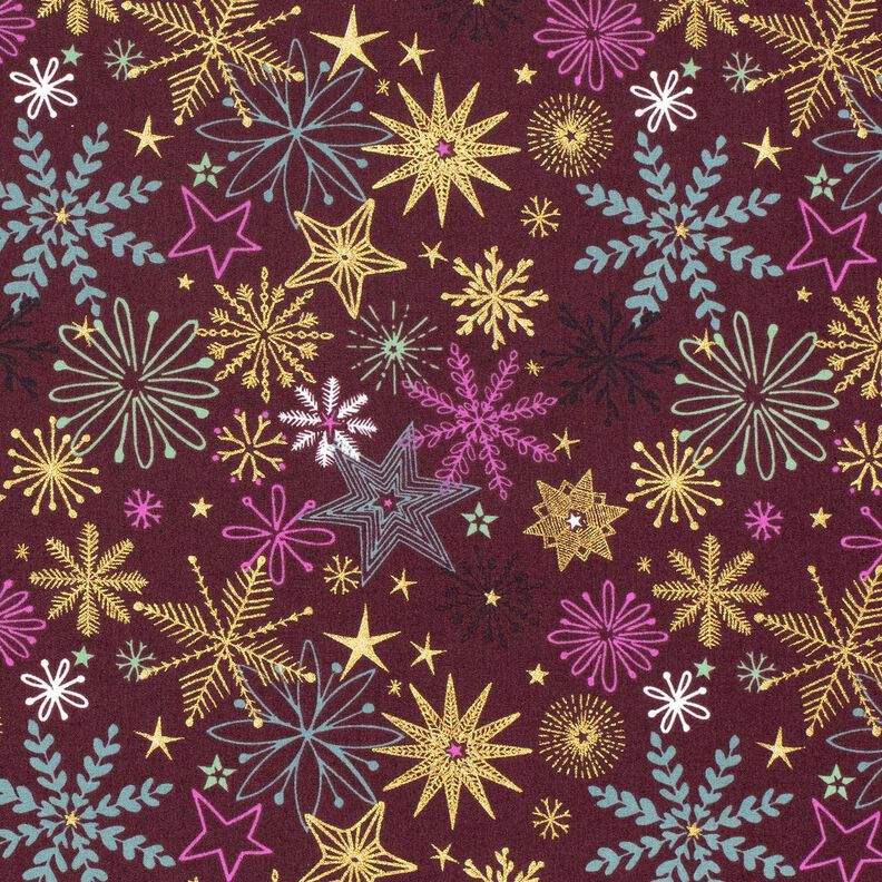 Bomuldsstof Poplin stjerneblanding – bordeaux/guld,  image number 1