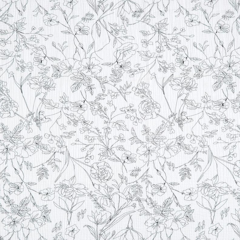 Musselin/Dobbelt-Crincle stof Malet blomstereng – hvid/sort,  image number 1