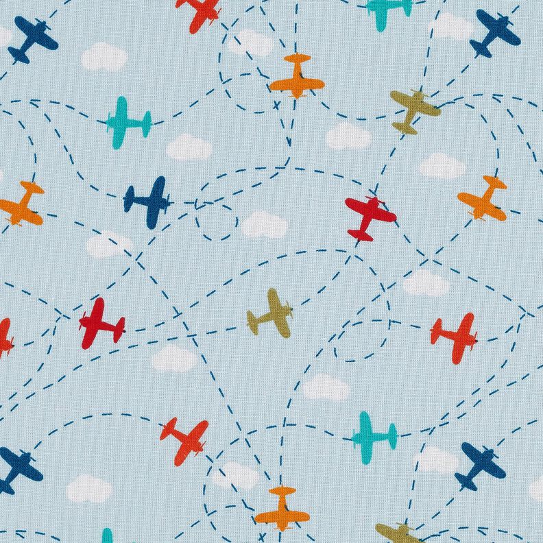 Bomuldspoplin Flyvemaskiner på himlen – lyseblå,  image number 1
