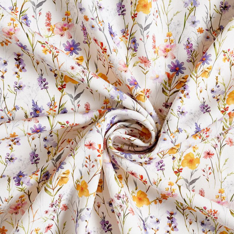 Dekorationsstof Bomuldskiper vilde blomster – elfenben/lilla,  image number 3