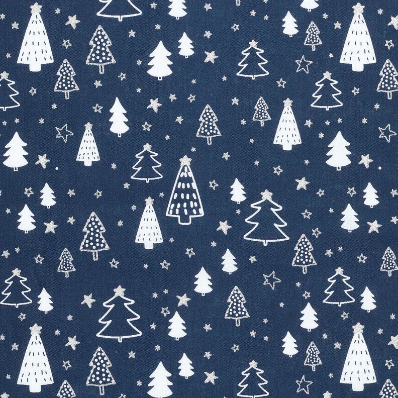 Bomuldsstof Poplin Små juletræer – marineblå/hvid,  image number 1