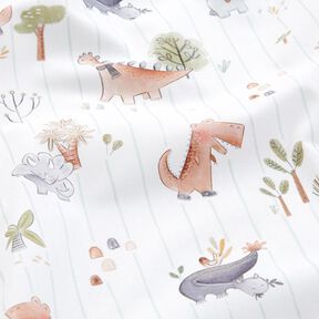 Bomuldspoplin Dinosaurer og striber Digitaltryk – hvid/reed, 