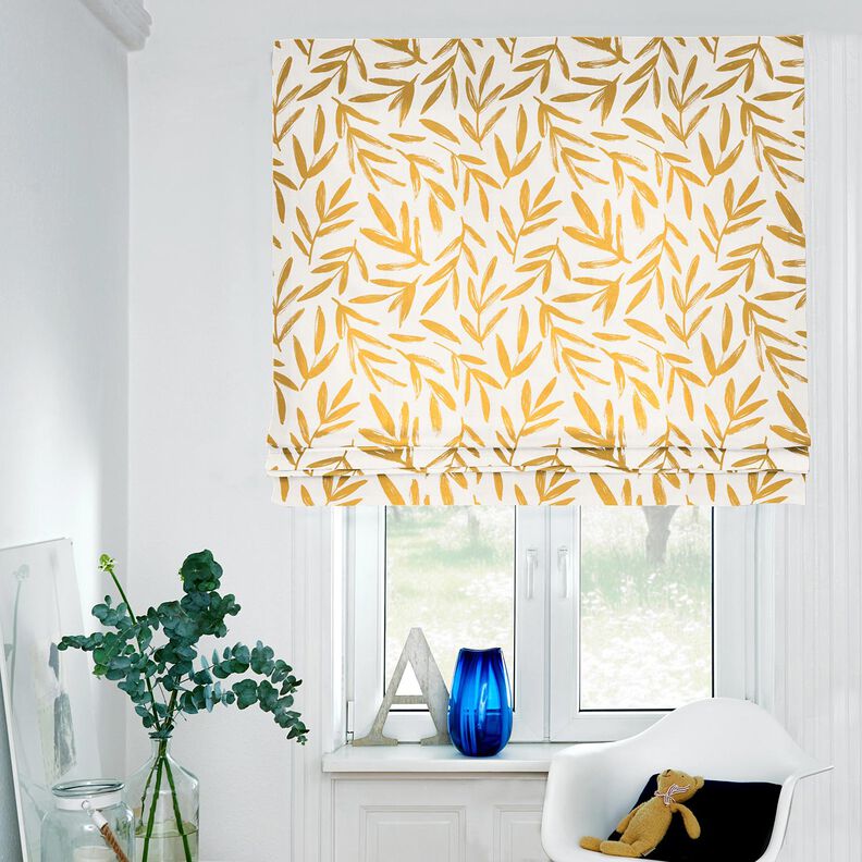 Dekorationsstof Halvpanama minimalistiske blade – sennep/natur,  image number 6