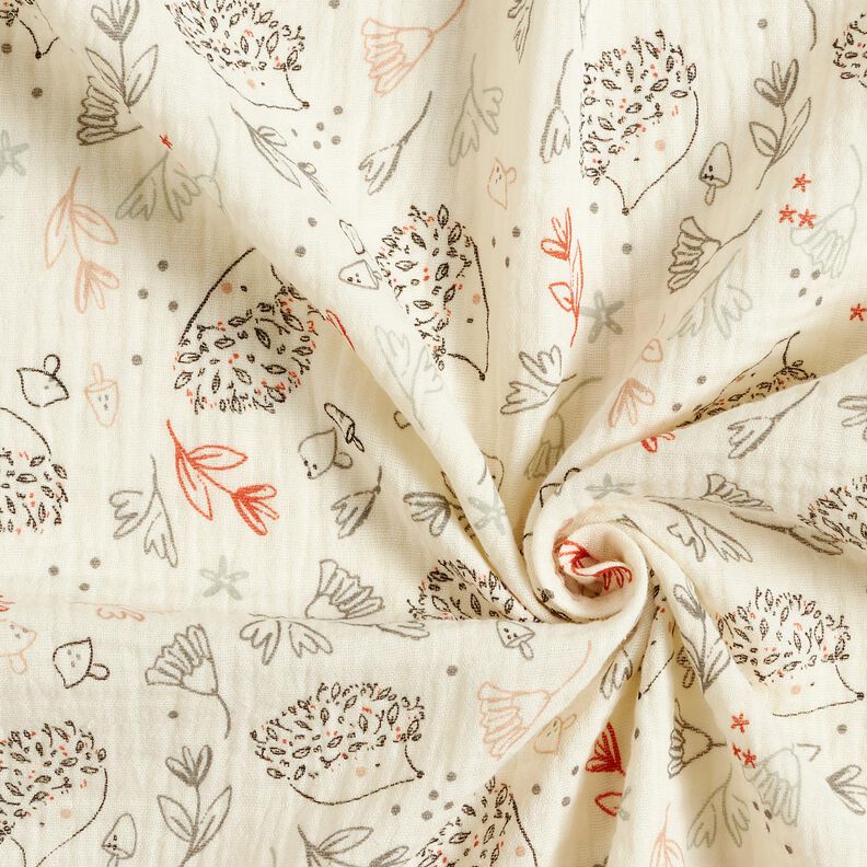 Musselin/Dobbelt-Crincle stof Pindsvin og skovplanter &ndash; uldhvid,  image number 3