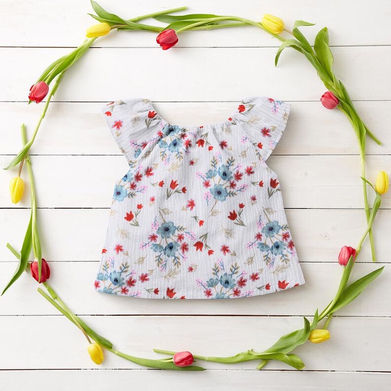 Musselin/Dobbelt-Crincle stof Forårsblomster med tulipaner – hvid/orange,  image number 5